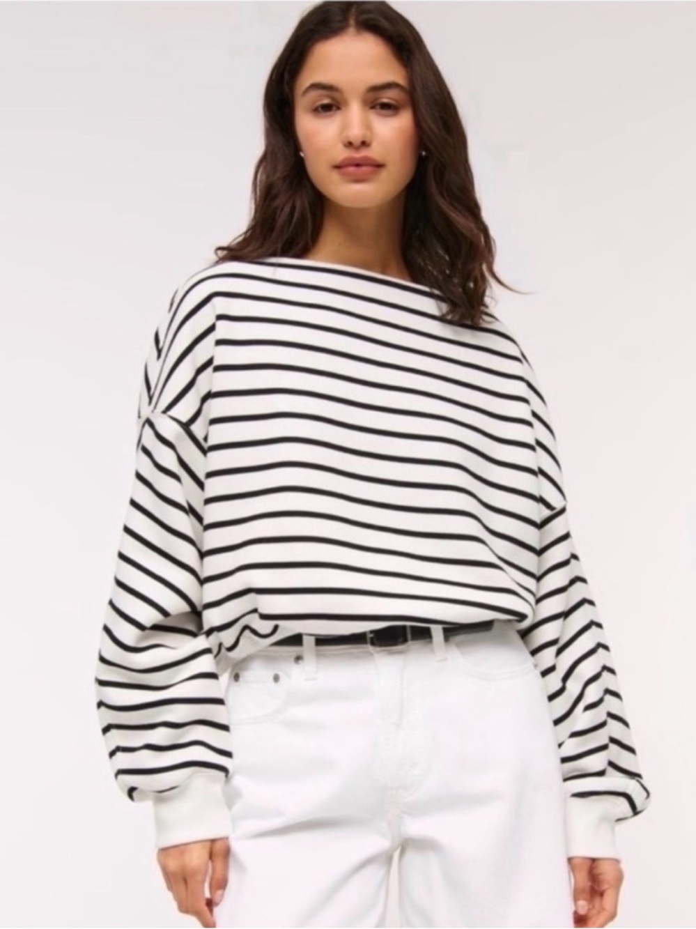 Abercrombie & Fitch White and Black Striped Boatneck Sweatshirt